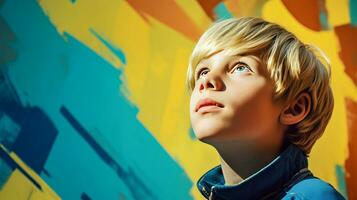 AI generated A Young Boy Poses in Front of a Vibrant Wall photo