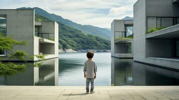 AI generated Boy Standing in Front of Serene Water photo