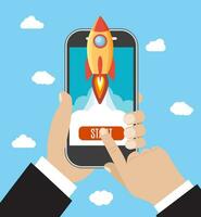 Hand holds smartphone with launch rocket. vector