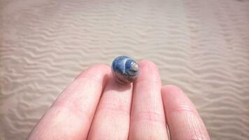 Beautiful small blue snail seashell on fingertips against a wavy warm sand beach background photo