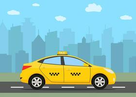 Yellow taxi car in front of city silhouette vector