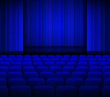 Open theater blue curtains with light and seats. vector