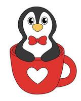 Cartoon Valentine day Penguin character. Cute Penguin sit in cup. Vector flat illustration.