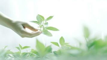 ai generado un mano participación un pequeño planta en un brillante y verde ambiente. foto