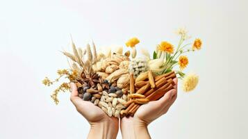 AI generated a pair of hands holding a bouquet of flowers, nuts, and spices against a white background. photo