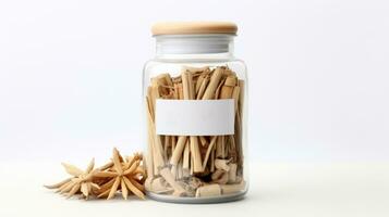 AI generated a jar of cinnamon sticks with a blank label and star anise on the side. photo