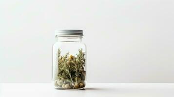 AI generated a jar with various plants inside it, creating a miniature terrarium on a white background. photo