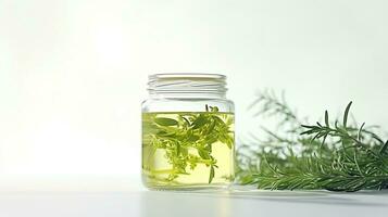 AI generated a jar of rosemary oil with a sprig of rosemary next to it. photo