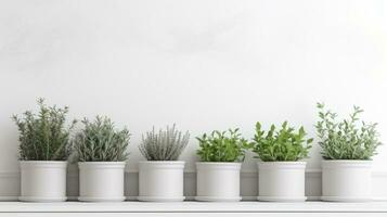 AI generated a row of potted plants on a white shelf against a white wall. photo