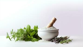 AI generated a mortar and pestle with herbs and spices on a white background. photo