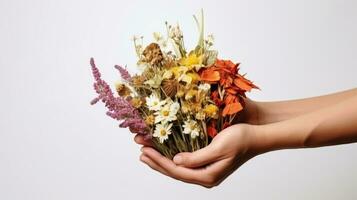 AI generated a bouquet of dried flowers being held in two hands. photo