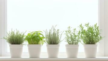 AI generated five potted plants on a windowsill. photo