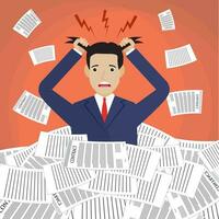 Stressed cartoon businessman in pile of papers vector