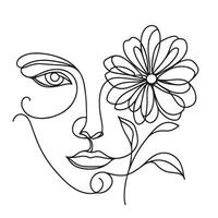 minimalista mujer cara con flores línea Arte vector