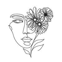 minimalista cara con flores línea Arte vector