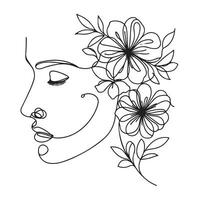 minimalista mujer cara con flores línea Arte vector