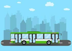 Green bus in front of city silhouette vector