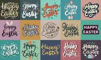 Large collection of Happy Easter inscription. Happy Easter text banners set square composition. Hand drawn vector art