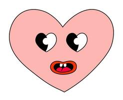 Heart Pink Smile Character for Valentine Day. Eyes in form heart. Mascot in groovy and Y2k style. Vector cartoon illustration.