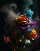 AI generated a bouquet of colorful roses with smoke coming out of them photo