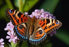 ai generado un mariposa con azul y naranja alas es en un verde hoja foto