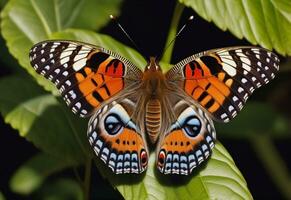 ai generado un mariposa es sentado en un planta con hojas foto