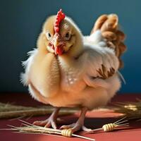 ai generado un pollo es en pie siguiente a algunos huevos foto