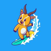 Cute Gazelle Surfing Cartoon Vector Icon Illustration. Animal Sport Icon Concept Isolated Premium Vector. Flat Cartoon Style