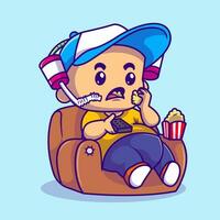 Cute Boy Eating Popcorn On Sofa Cartoon Vector Icon Illustration. People Food Icon Concept Isolated Premium Vector. Flat Cartoon Style