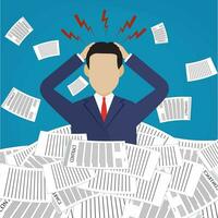 Stressed cartoon businessman in pile of papers vector