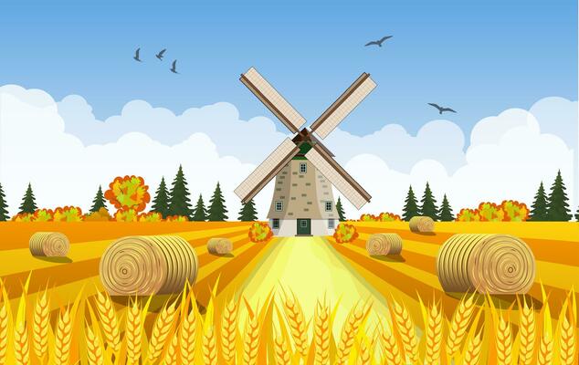 Countryside landscape with haystacks on fields.
