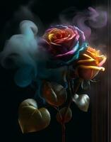 AI generated a colorful rose with smoke coming out of it photo