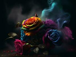 a colorful rose with smoke coming out of it photo