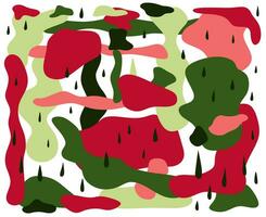 Watermelon vector abstract pattern with black seeds on red, white and green background. Summer fruit tropical illustration