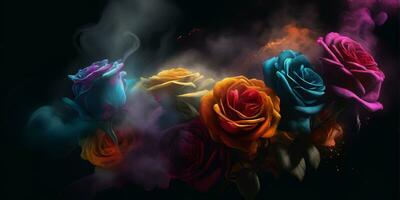 AI generated a bouquet of colorful roses with smoke coming out of them photo