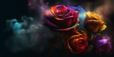 AI generated a bouquet of colorful roses with smoke coming out of them photo