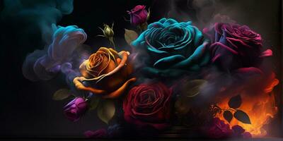 AI generated a bouquet of colorful roses with smoke coming out of them photo