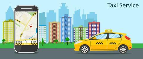 taxi cab, mobile phone with map vector