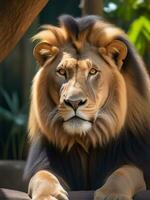 AI generated a lion is sitting in the shade of a tree photo