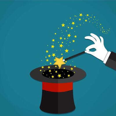 Cartoon Magicians hands holding a magic wand