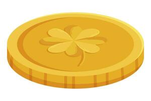 St. Patricks Day gold coin with four-leaves clover or shamrock vector