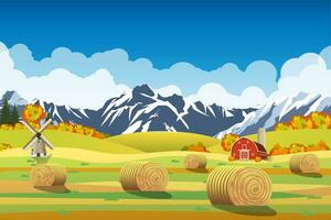 Countryside landscape with haystacks on fields. vector