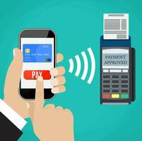 Pos terminal confirms the payment by smartphone. vector