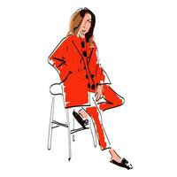 Woman in red costume vector sketch illustration
