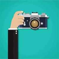 Flat illustration of photo camera with hand holding it vector