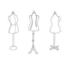 Female mannequin set. Hand drawn dummy. Tailoring equipment. Vector illustration, isolated on a white background.