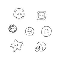 Hand drawn buttons. Top view of various garment fasteners. Handmade needlework tools. Sewing button set in different styles and sizes. Collection of clasp clothes accessories vector