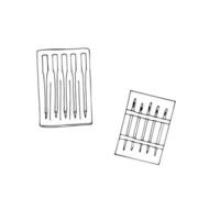 Sewing needles set in a pack. Tailoring. Pack of Needles for Sewing machine, and pack of needles for tailoring. Vector isolated outline drawing.