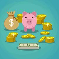 piggy bank with golden coins and bag of money vector