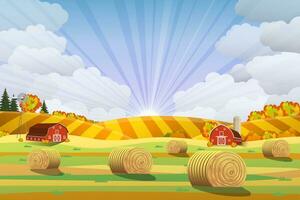 Countryside landscape with haystacks on fields. vector